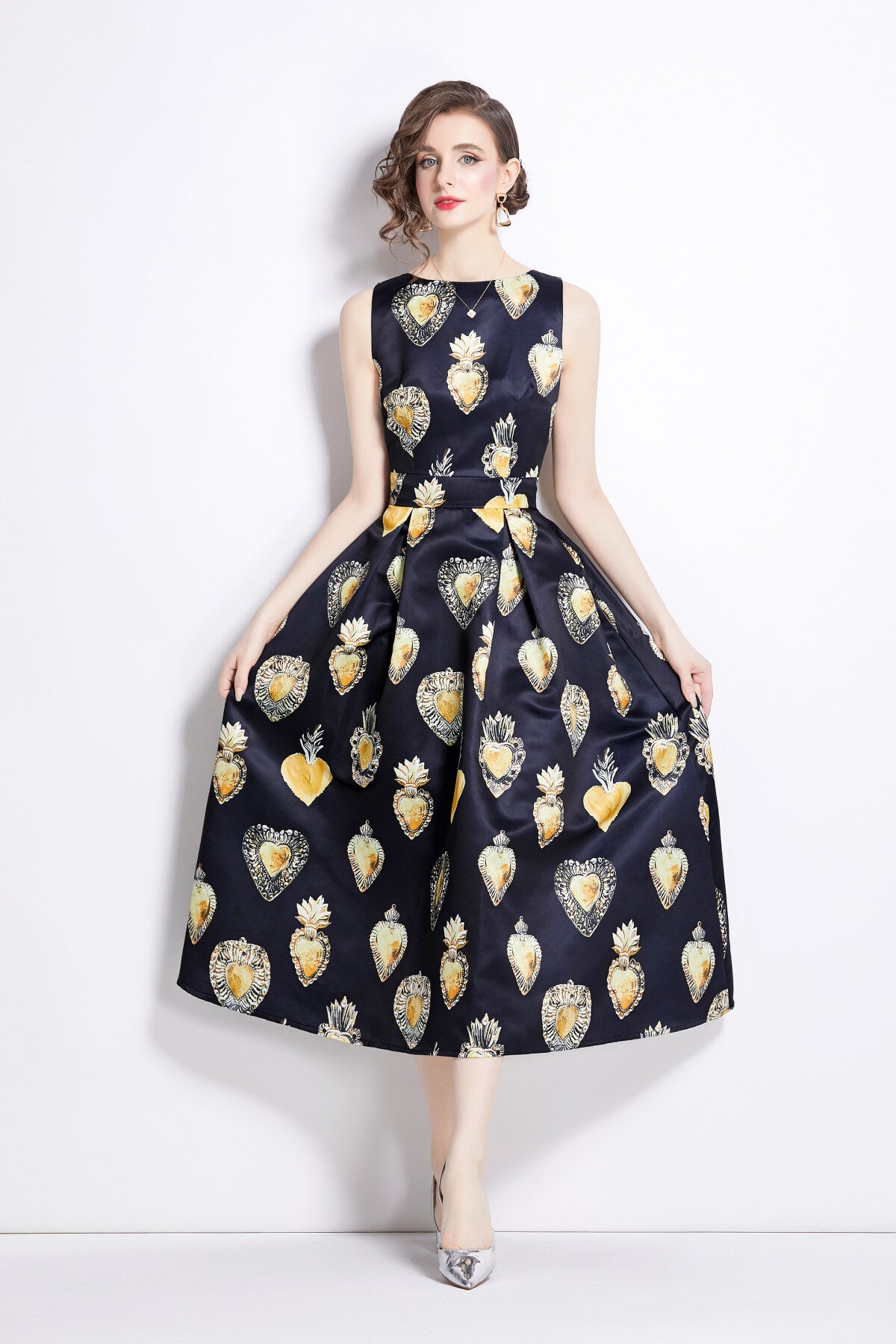 sleeveless high waisted a line tea dress all black 3