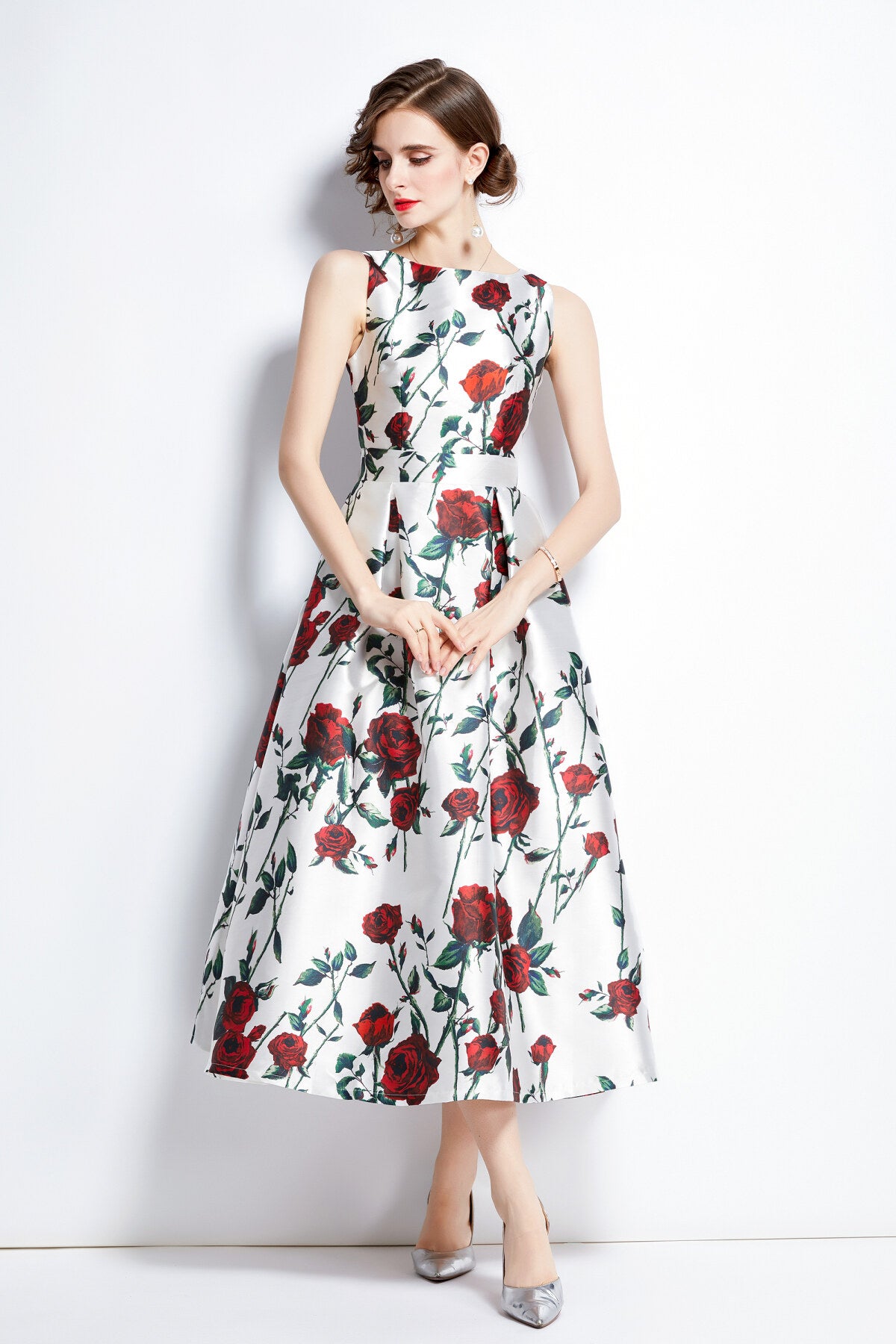 sleeveless high waisted a line tea dress all white 1