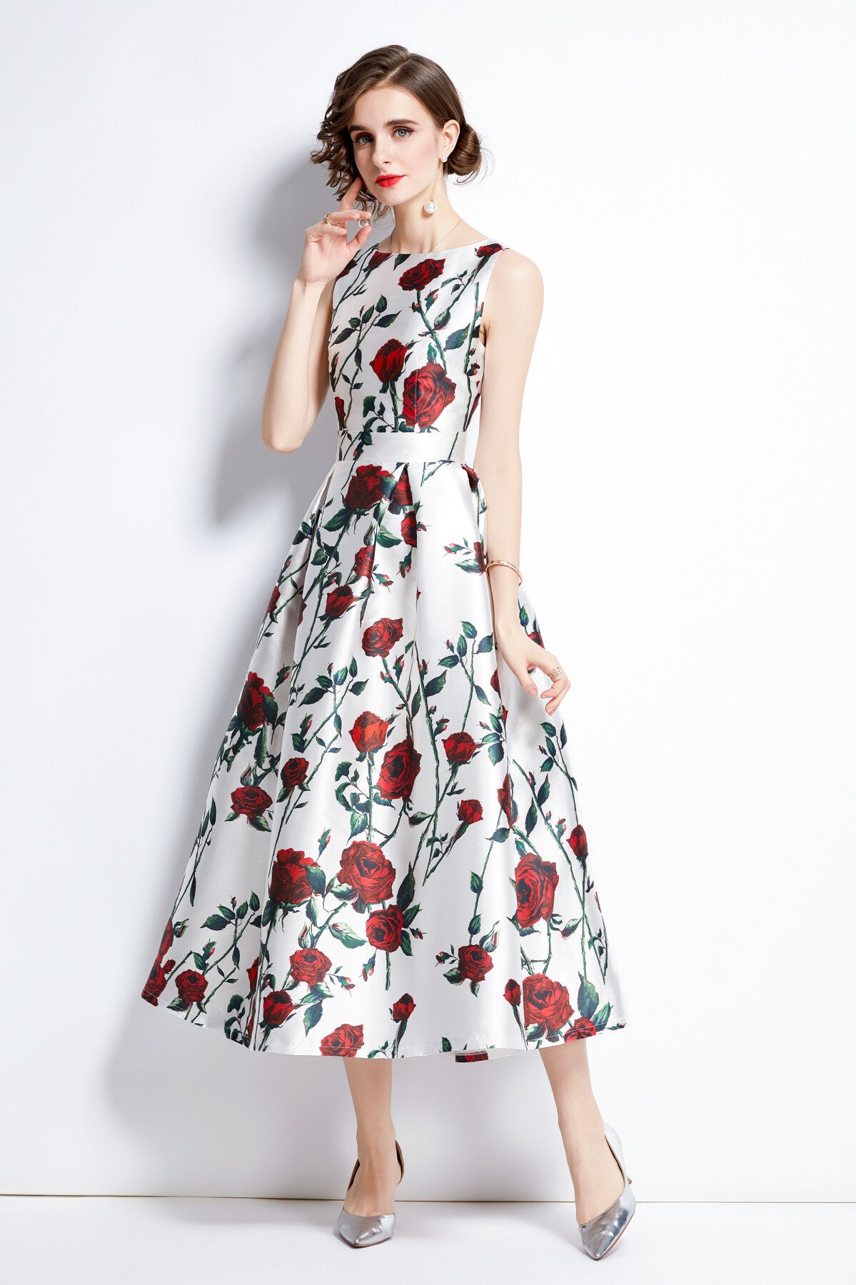 sleeveless high waisted a line tea dress all white 2