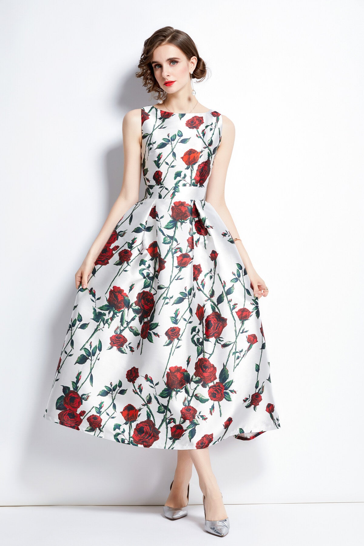 sleeveless high waisted a line tea dress all white 3