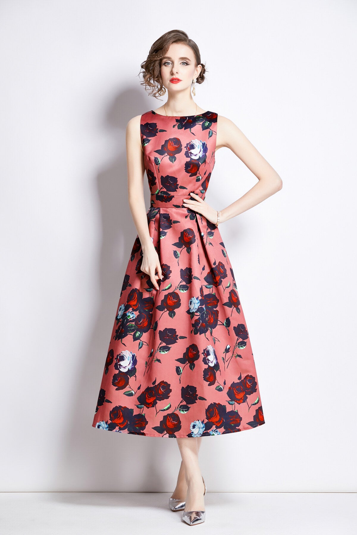 sleeveless high waisted structured cut a line dress all coral 1