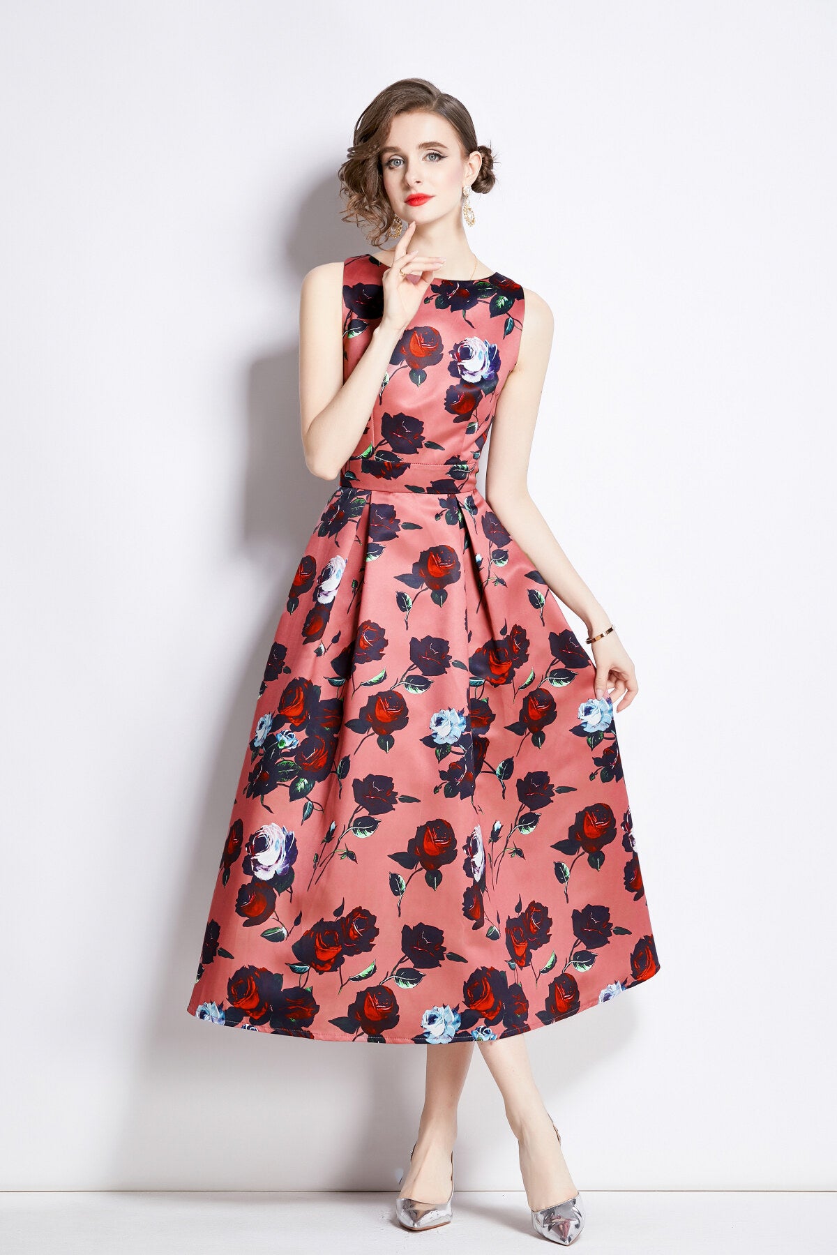 sleeveless high waisted structured cut a line dress all coral 3