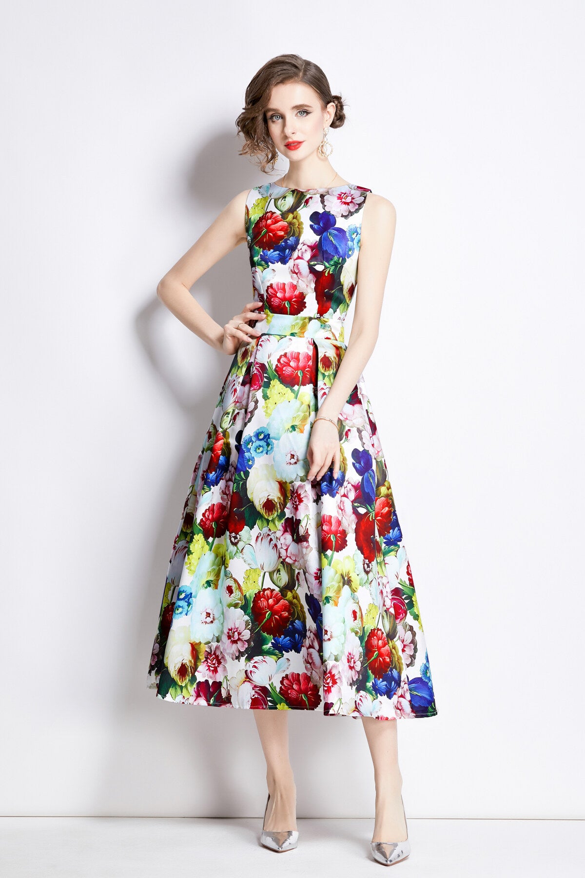 sleeveless high waisted structured cut a line dress all floral 1