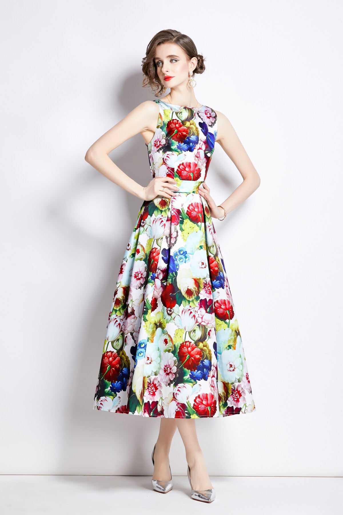 sleeveless high waisted structured cut a line dress all floral 2
