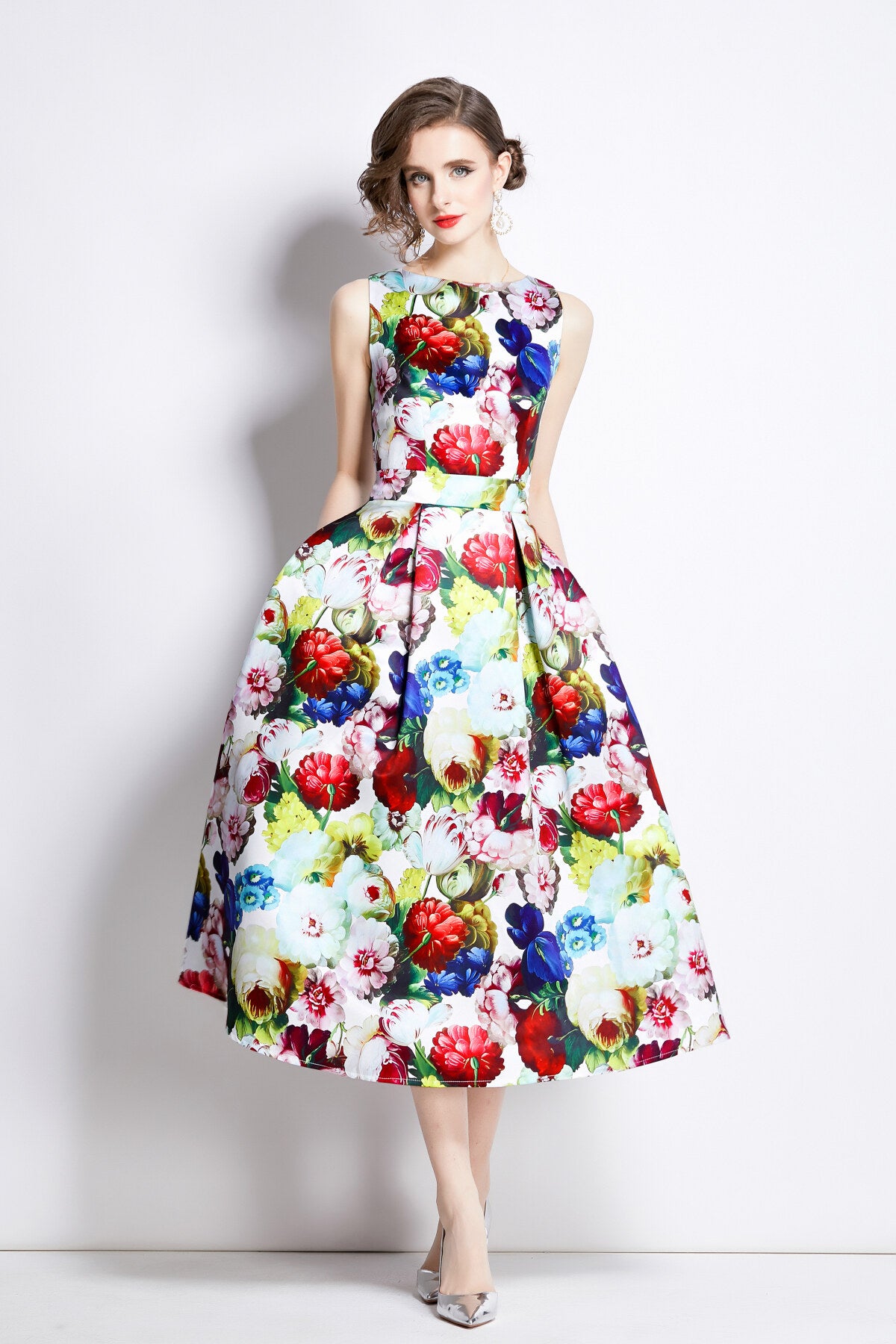 sleeveless high waisted structured cut a line dress all floral 3