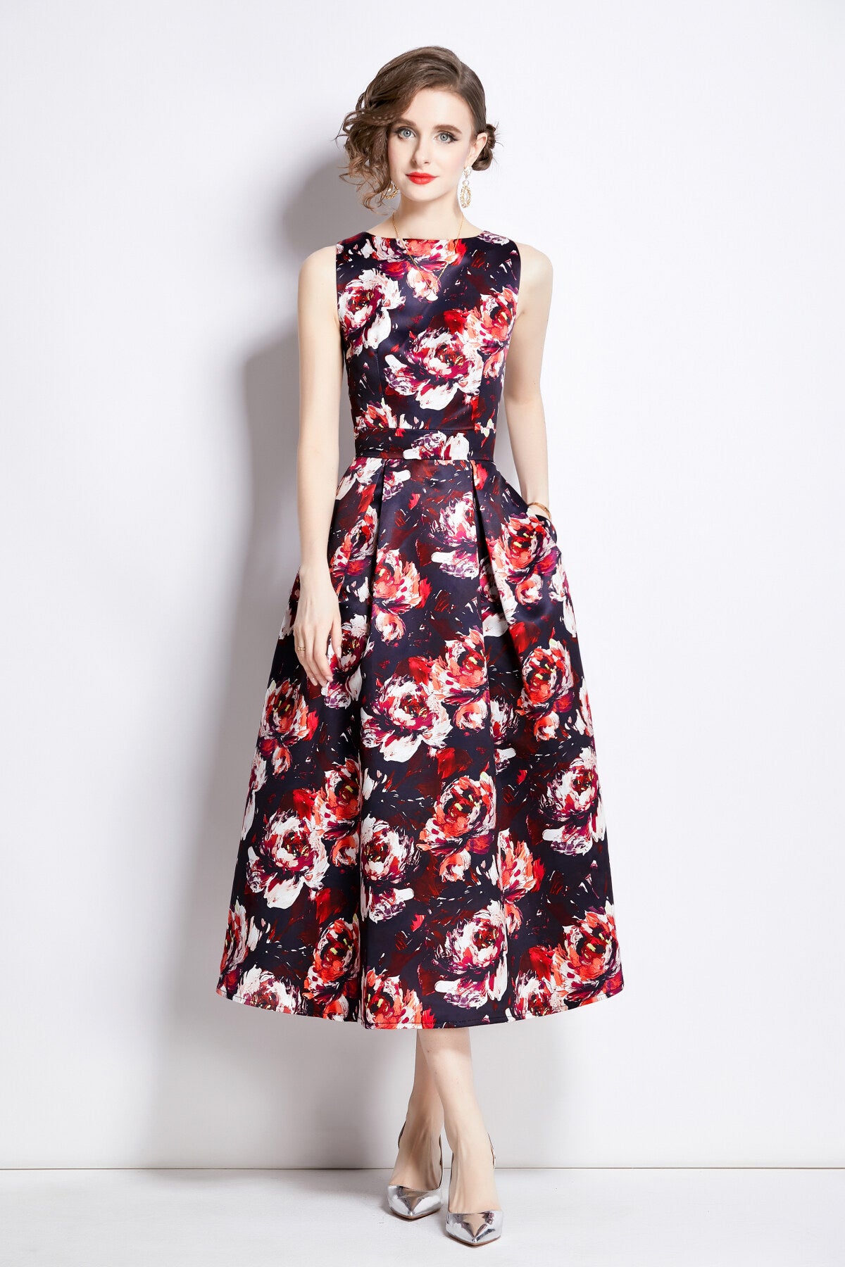 sleeveless high waisted structured cut a line dress all maroon 1