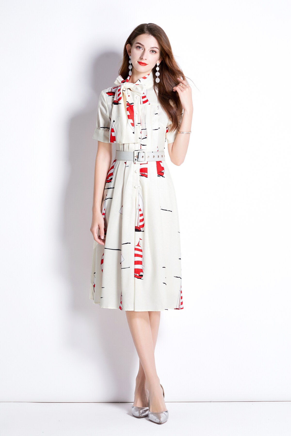 slim fit flattering sailing french white flared dress all white 1