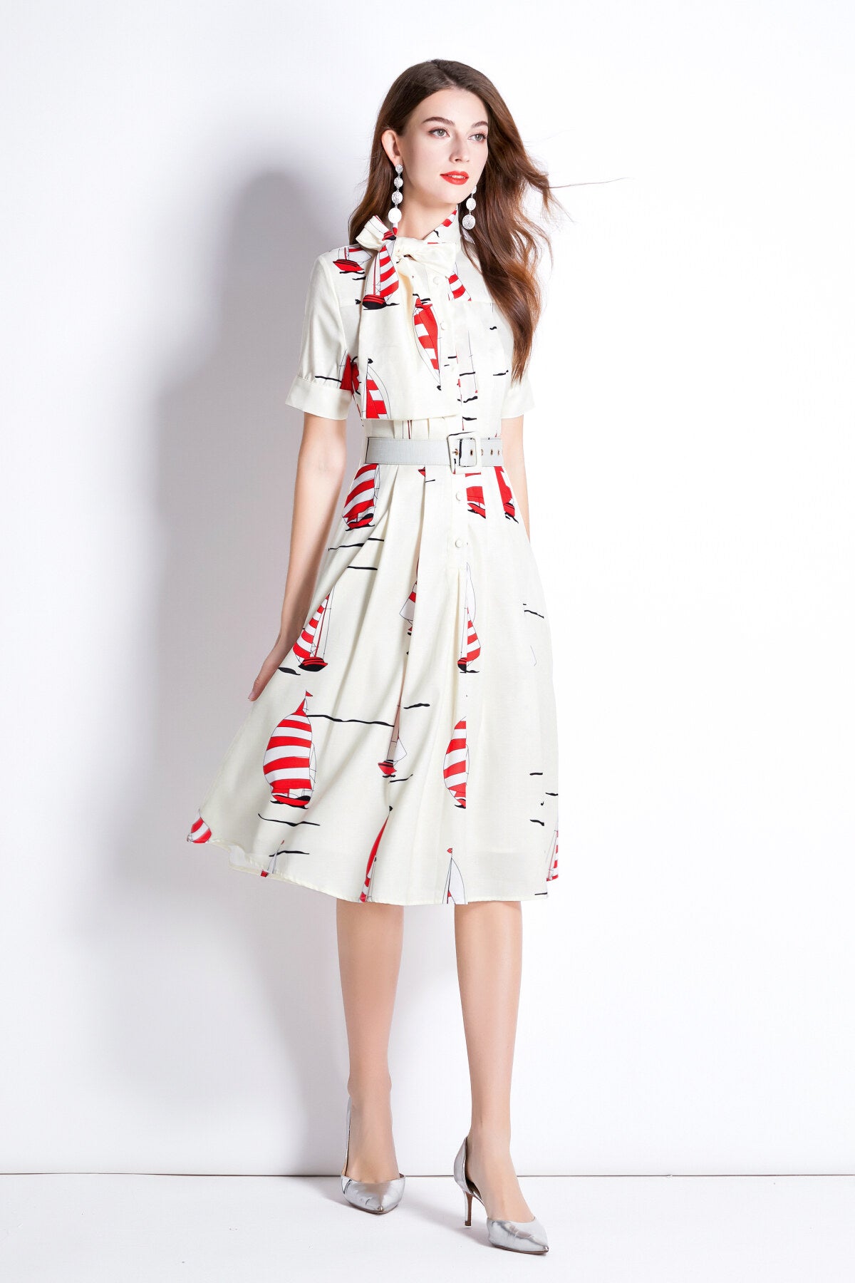 slim fit flattering sailing french white flared dress all white 2