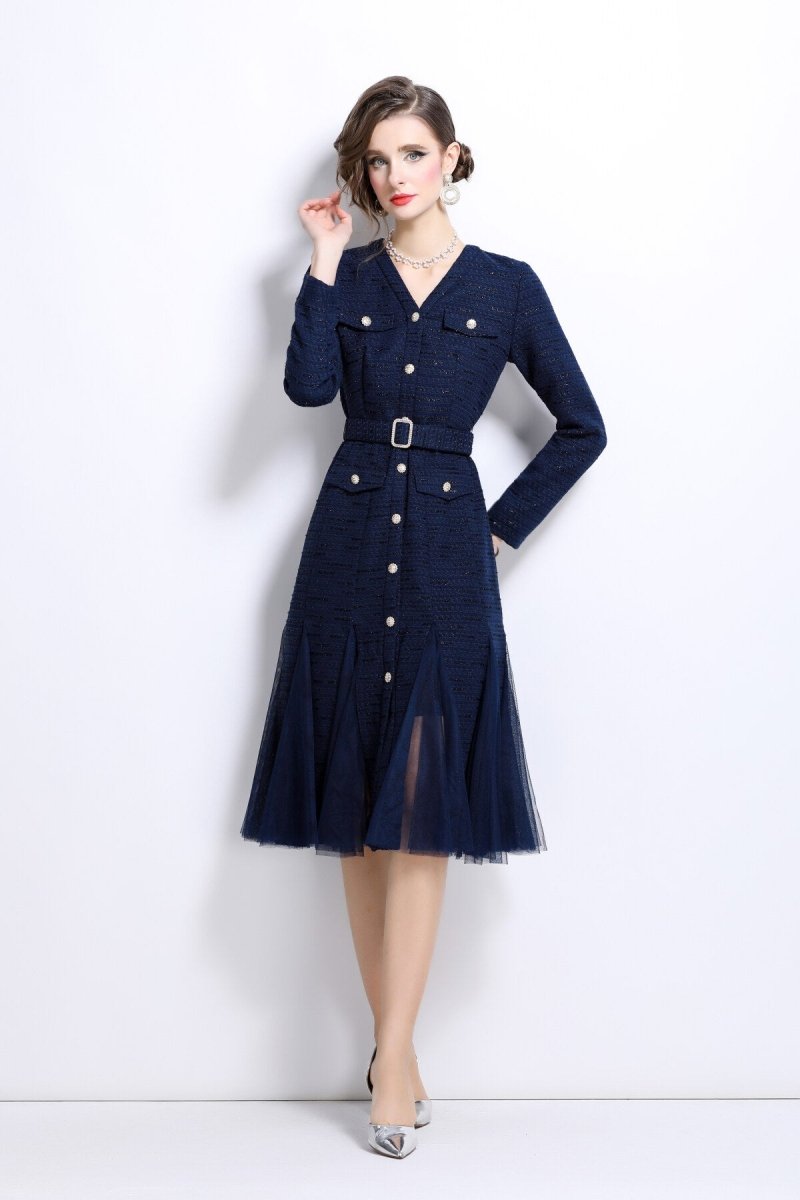 slim fit long sleeve buckle waist mermaid dress all navy 2