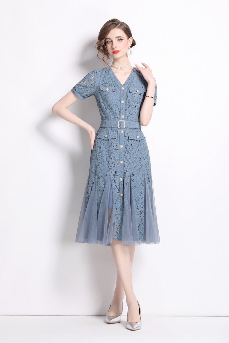slim fit long sleeve buckle waist mermaid dress all blue 3