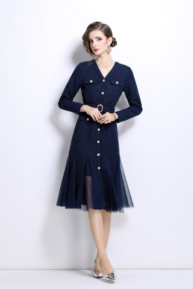 slim fit long sleeve buckle waist mermaid dress all navy 1