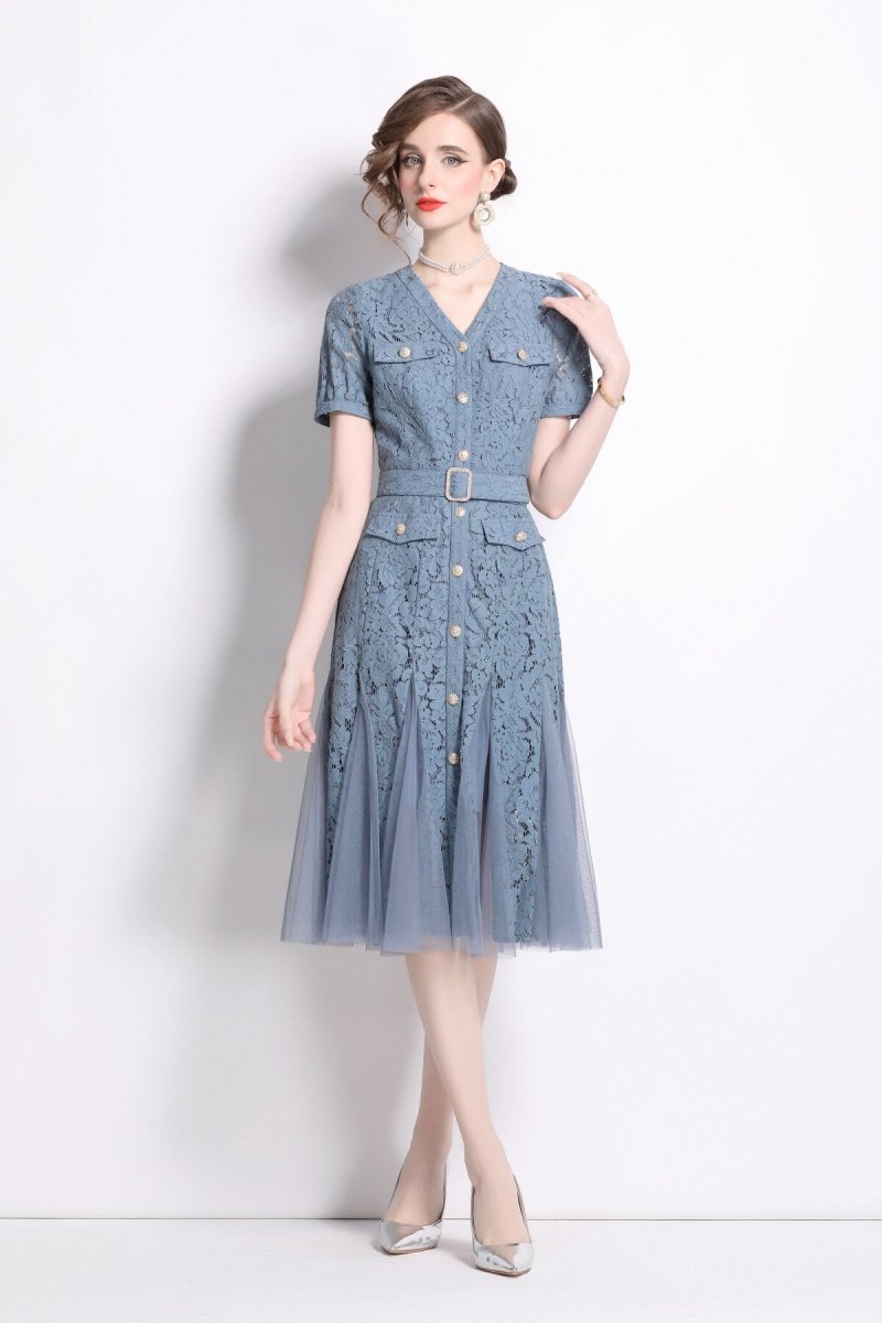 slim fit long sleeve buckle waist mermaid dress all blue 1
