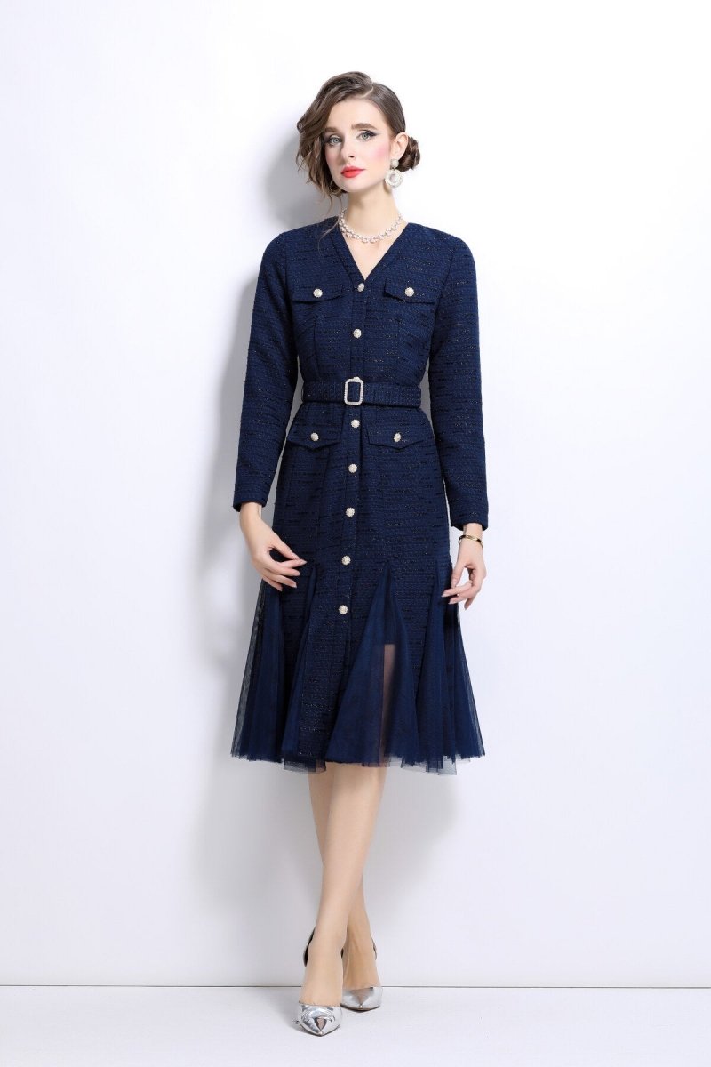 slim fit long sleeve buckle waist mermaid dress all navy 3