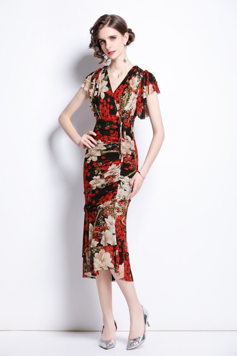 slim fit plunging neckline floral red bodycon dress all red 3