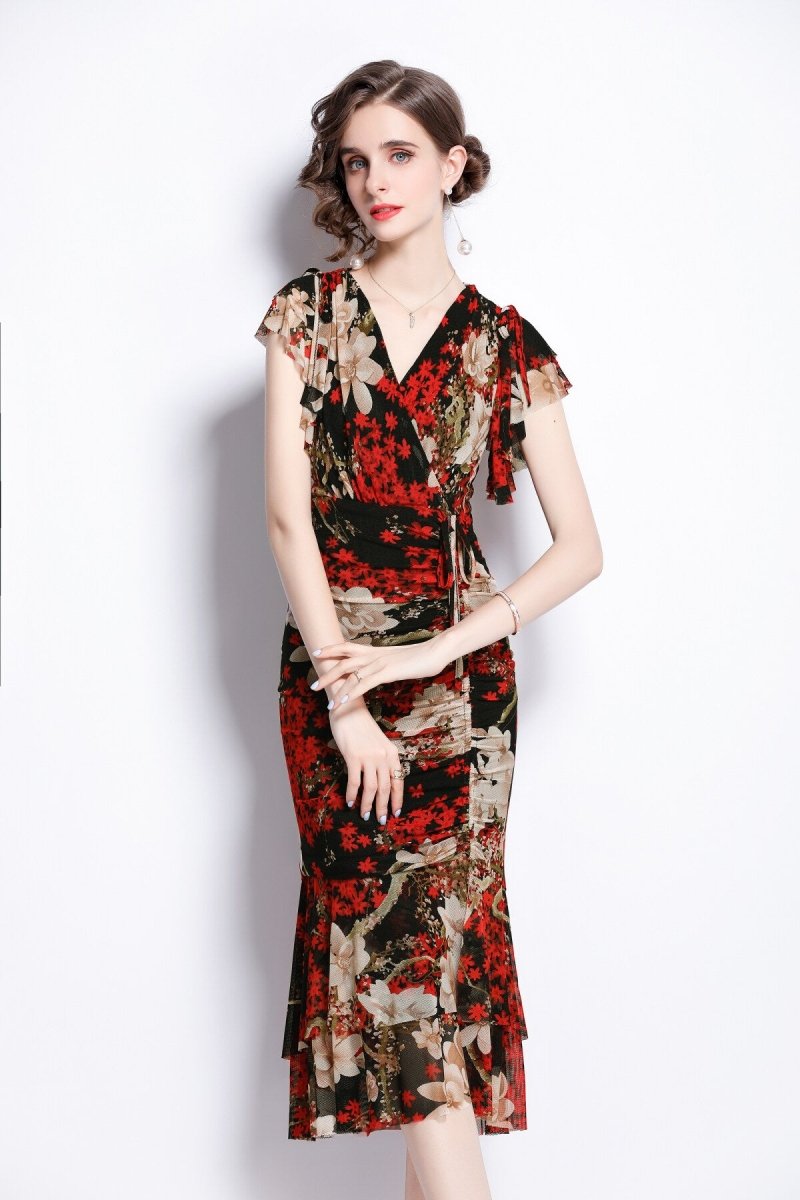 slim fit plunging neckline floral red bodycon dress all red 2