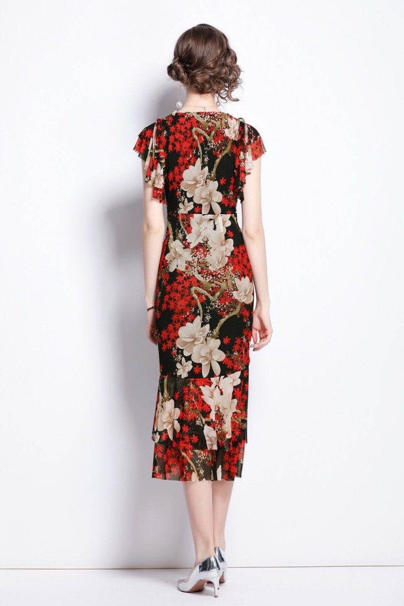 slim fit plunging neckline floral red bodycon dress all red 4