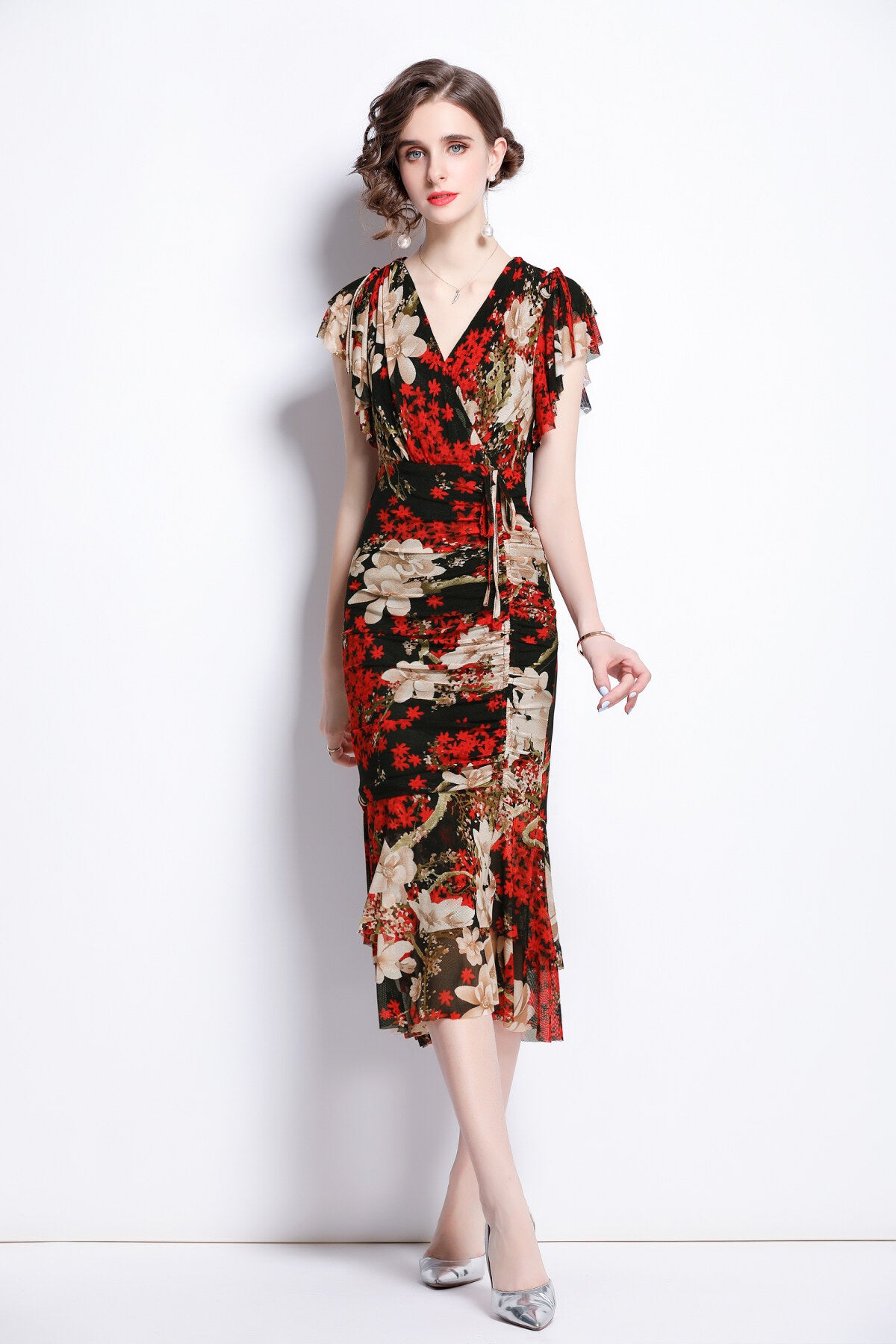 slim fit plunging neckline floral red bodycon dress all red 1