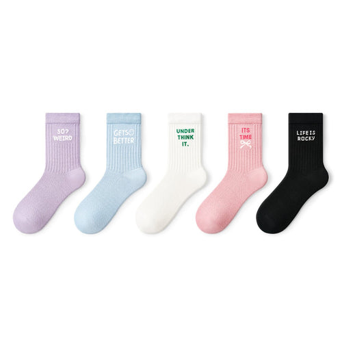 Slogan Embroidered Aesthetic Mid - Calf Socks – Women's 5 - Pair All - Season Crew Set