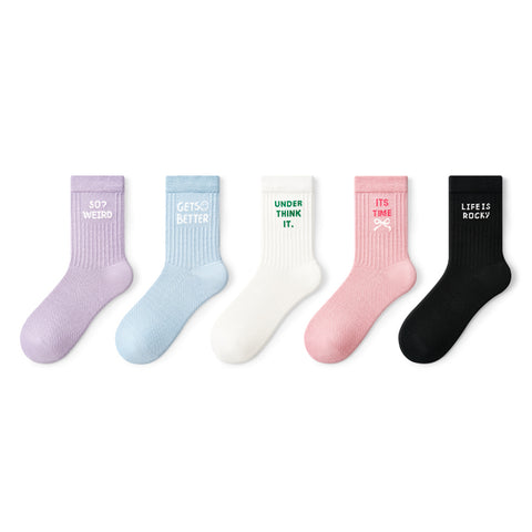 Slogan Embroidered Aesthetic Mid-Calf Socks – Women's 5-Pair All-Season Crew Set