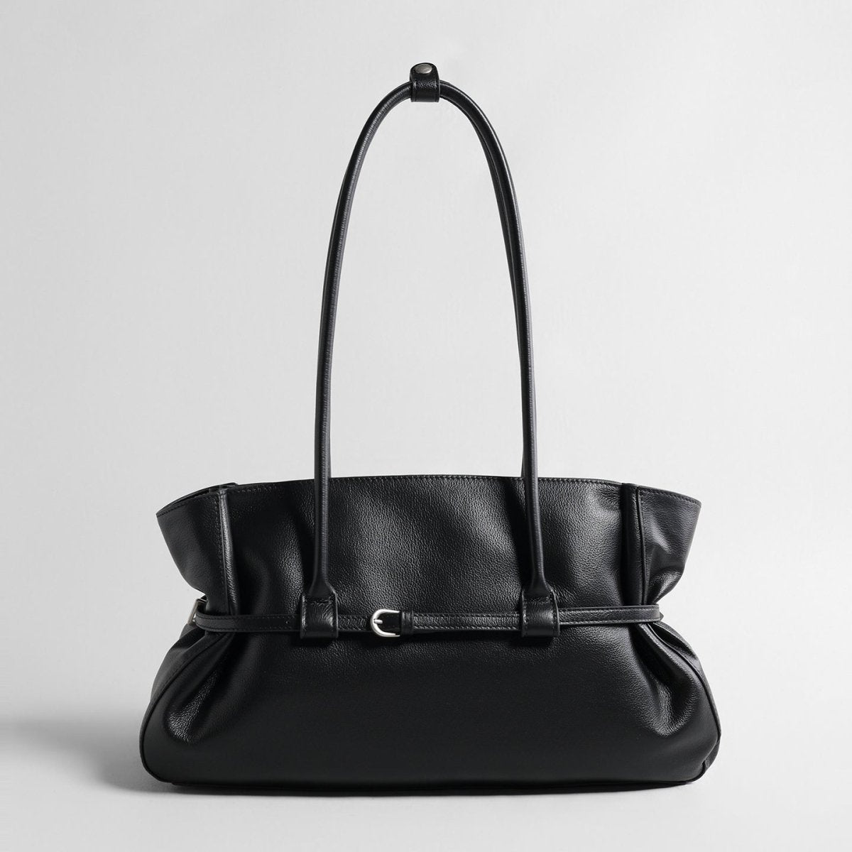Slouchy Belted Leather Tote Bag – Pebbled Cowhide Shoulder Bag