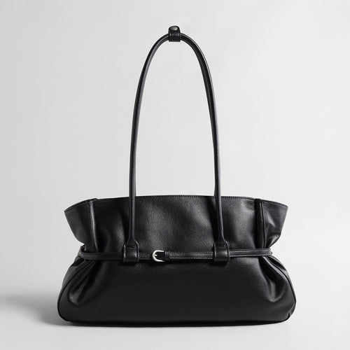Slouchy Belted Leather Tote Bag – Pebbled Cowhide Shoulder Bag