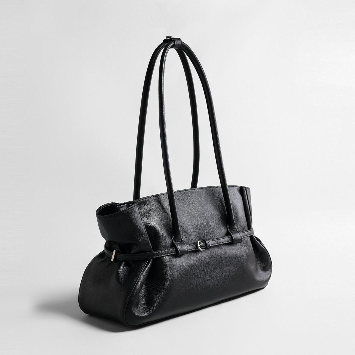 Slouchy Belted Leather Tote Bag – Pebbled Cowhide Shoulder Bag
