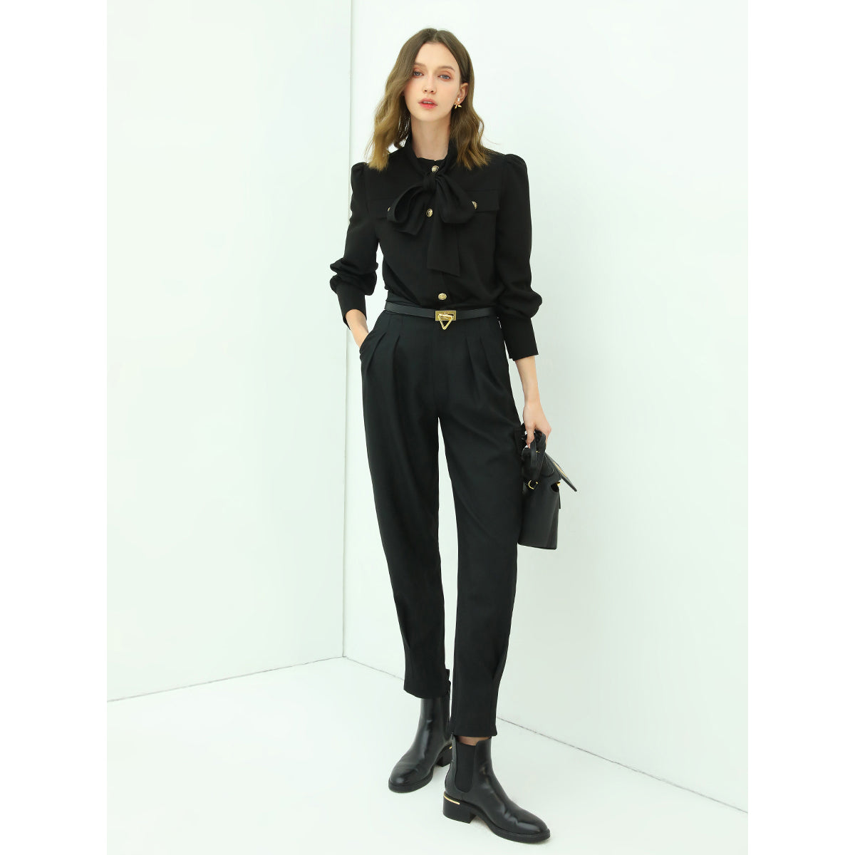 smart bow tie neck button down black shirt all black 3