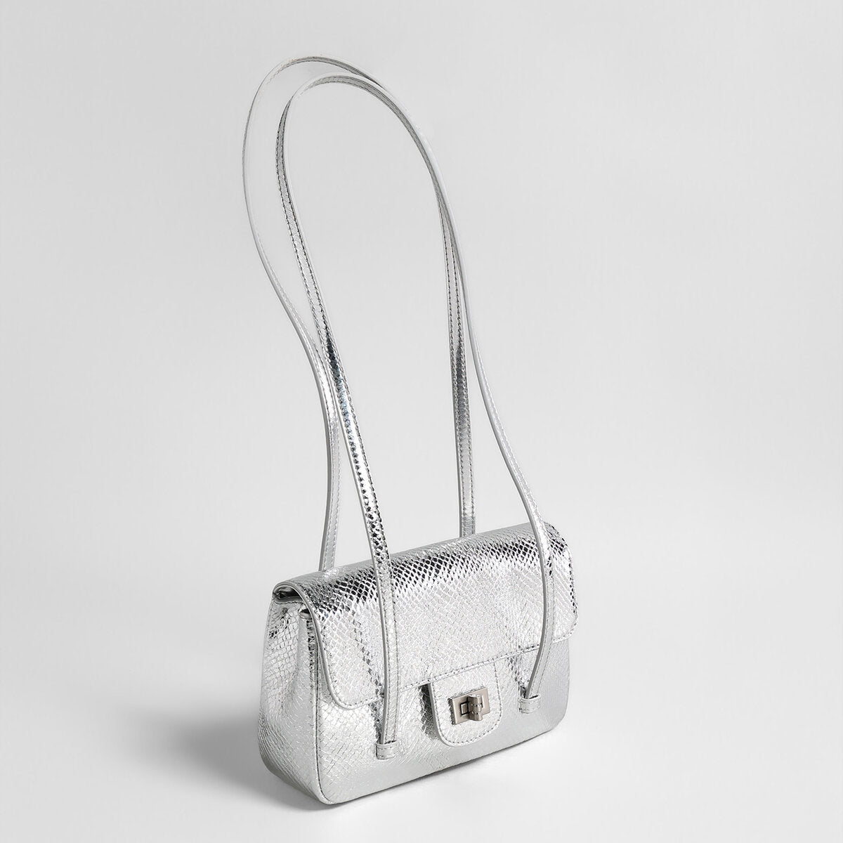 Snake-Embossed Metallic Flap Shoulder Bag – French Chic Underarm Crossbody