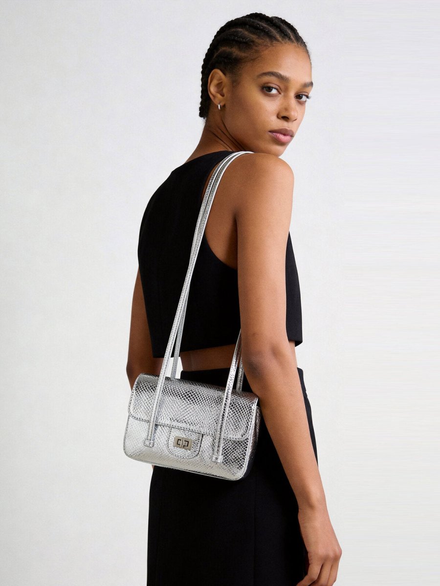 Snake-Embossed Metallic Flap Shoulder Bag – French Chic Underarm Crossbody
