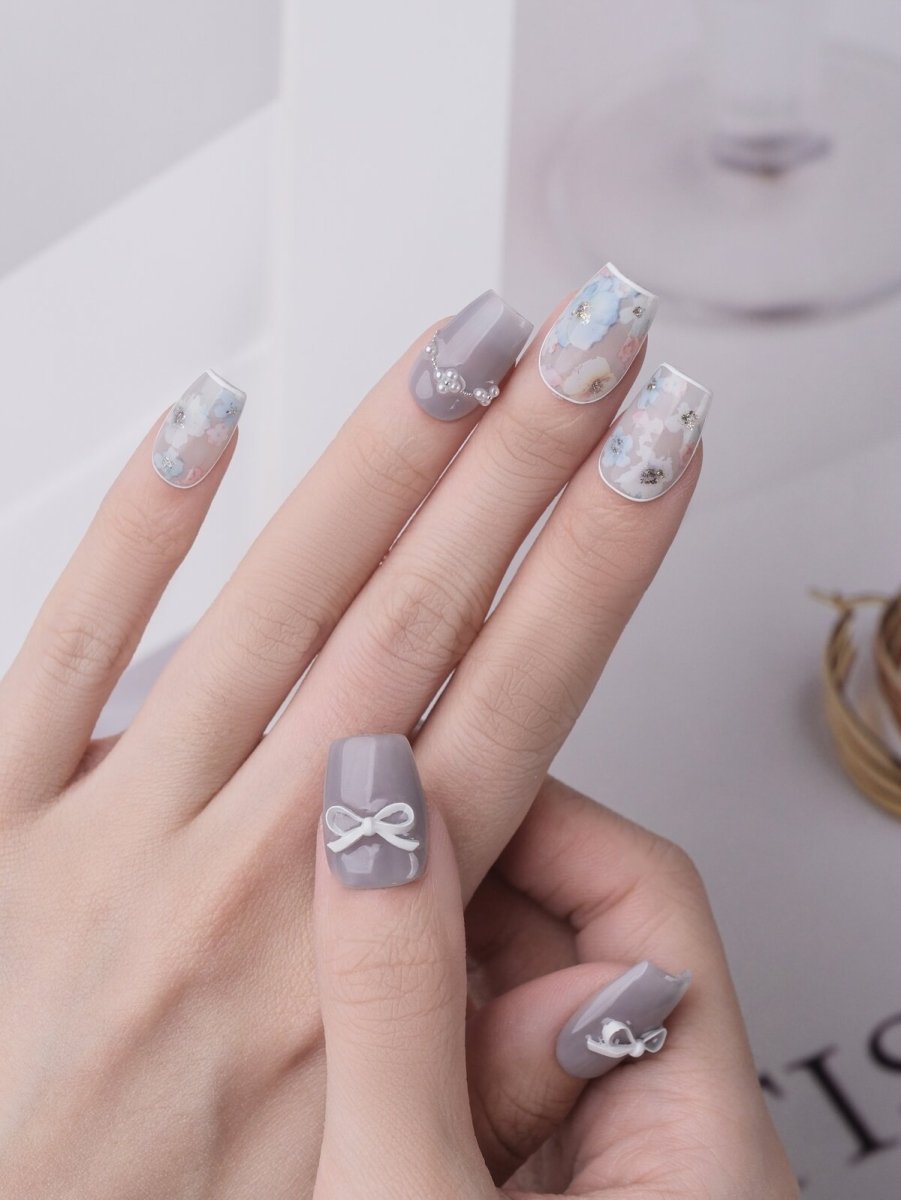 Snow Mint Floral Press-On Nails