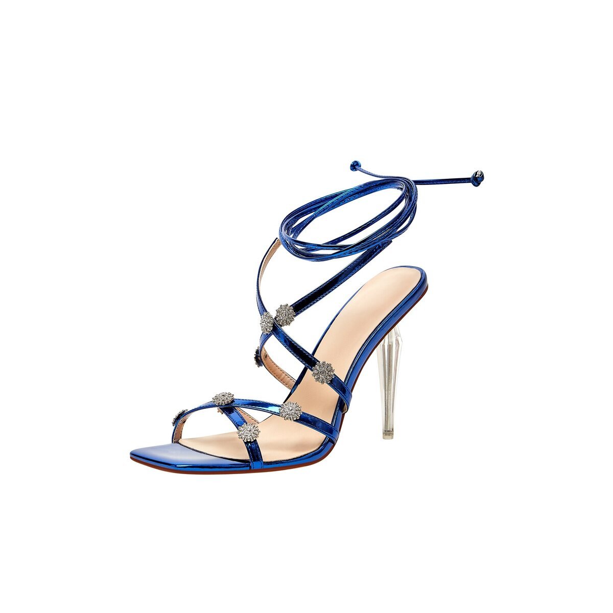 Snowflake Crystal Lace Up Sandals with Clear Stiletto Heel