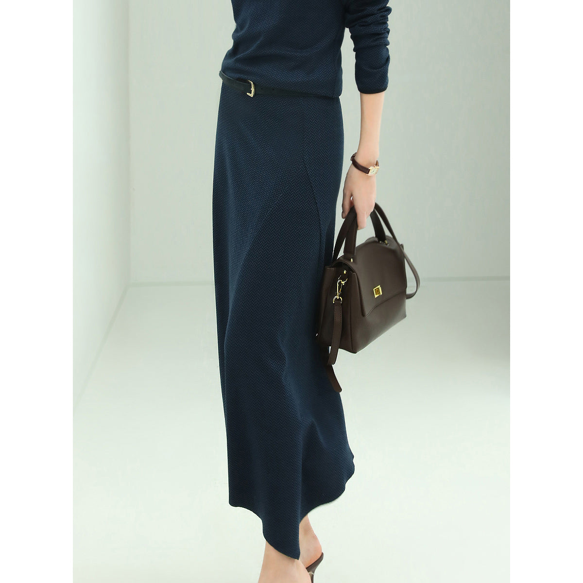 soft herringbone belted navy knit skirt all navy 1