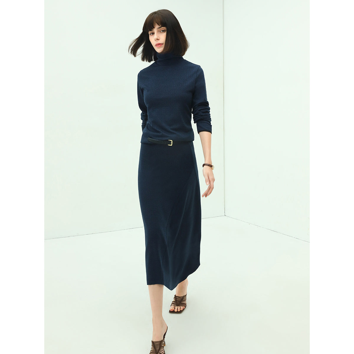 soft herringbone belted navy knit skirt all navy 2