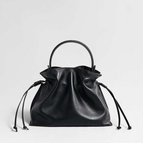 Soft Lambskin Leather Fortune Pouch Bag – Ruched Drawstring Design with Top Handle & Crossbody Strap