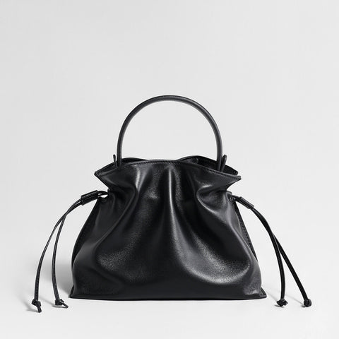 Soft Lambskin Leather Fortune Pouch Bag – Ruched Drawstring Design with Top Handle & Crossbody Strap