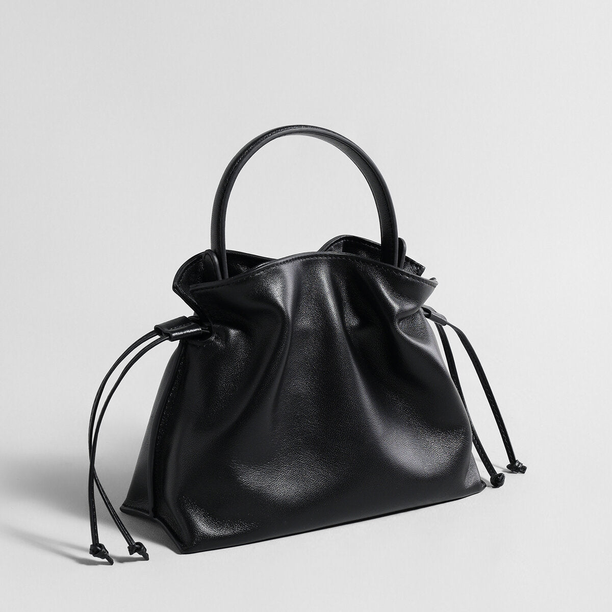 Soft Lambskin Leather Fortune Pouch Bag – Ruched Drawstring Design with Top Handle & Crossbody Strap