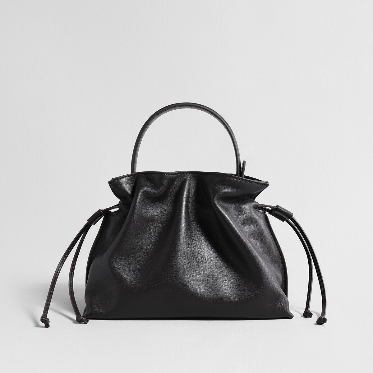 Soft Lambskin Leather Fortune Pouch Bag – Ruched Drawstring Design with Top Handle & Crossbody Strap