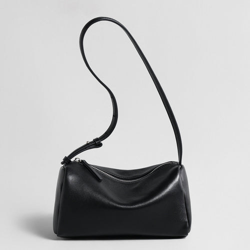 Soft Lambskin Leather Barrel Shoulder Bag – Curved-Zip Cylinder Design with Adjustable Crossbody Strap