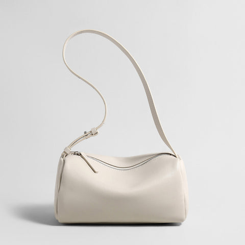 Soft Lambskin Leather Barrel Shoulder Bag – Curved-Zip Cylinder Design with Adjustable Crossbody Strap