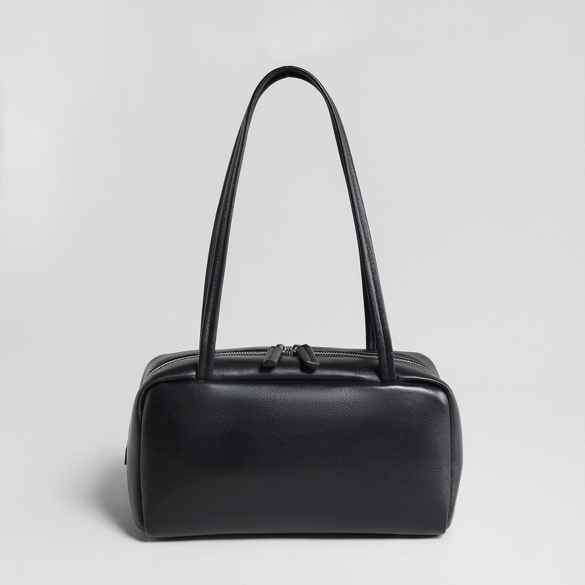 Soft Lambskin Leather Pillow Box Bag – Structured Dual-Zip Top Handle Bag with Double Handles