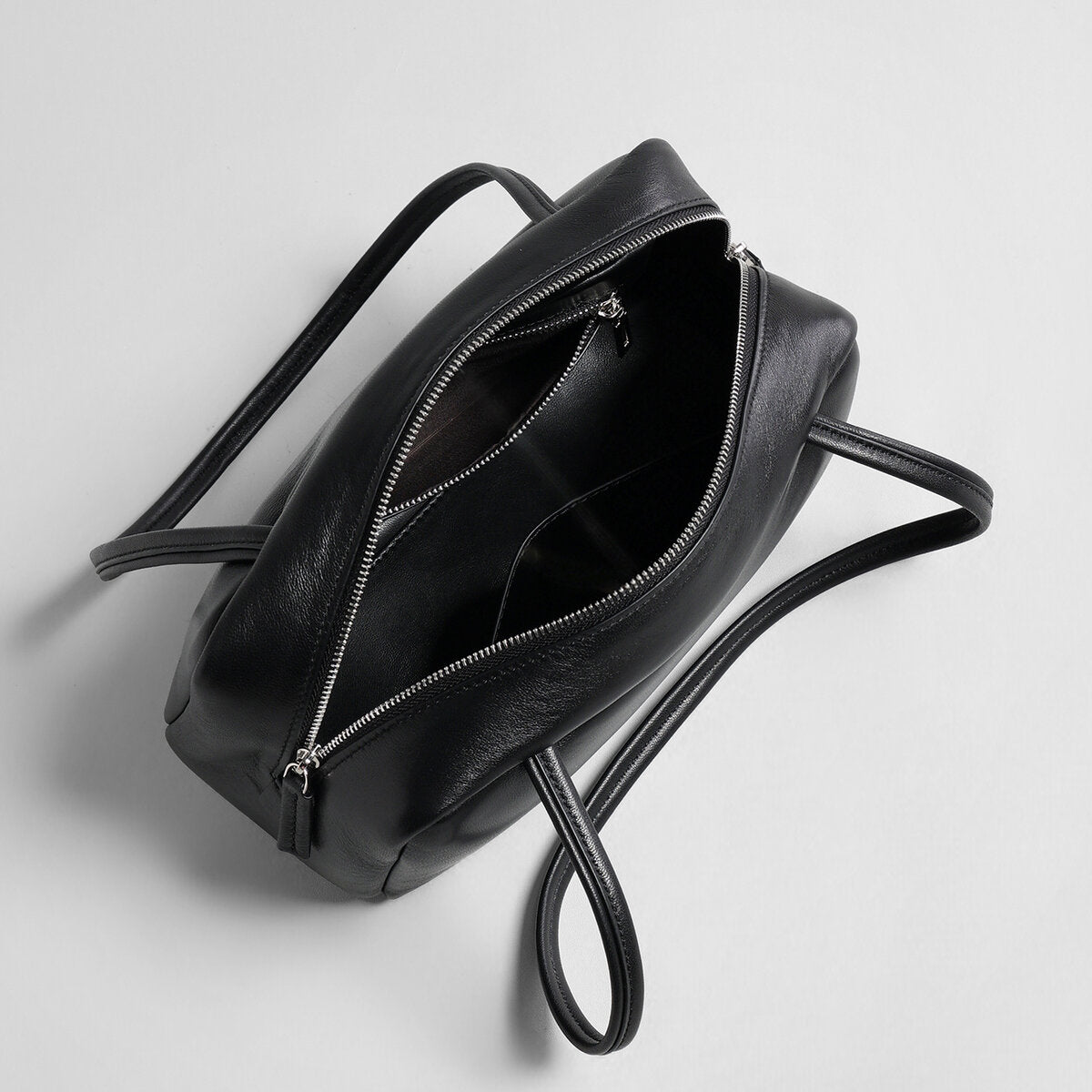 Soft Lambskin Leather Pillow Box Bag – Structured Dual-Zip Top Handle Bag with Double Handles
