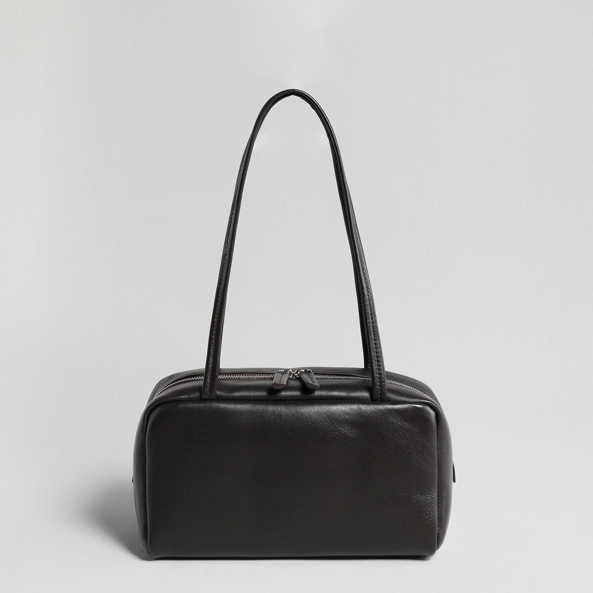Soft Lambskin Leather Pillow Box Bag – Structured Dual-Zip Top Handle Bag with Double Handles
