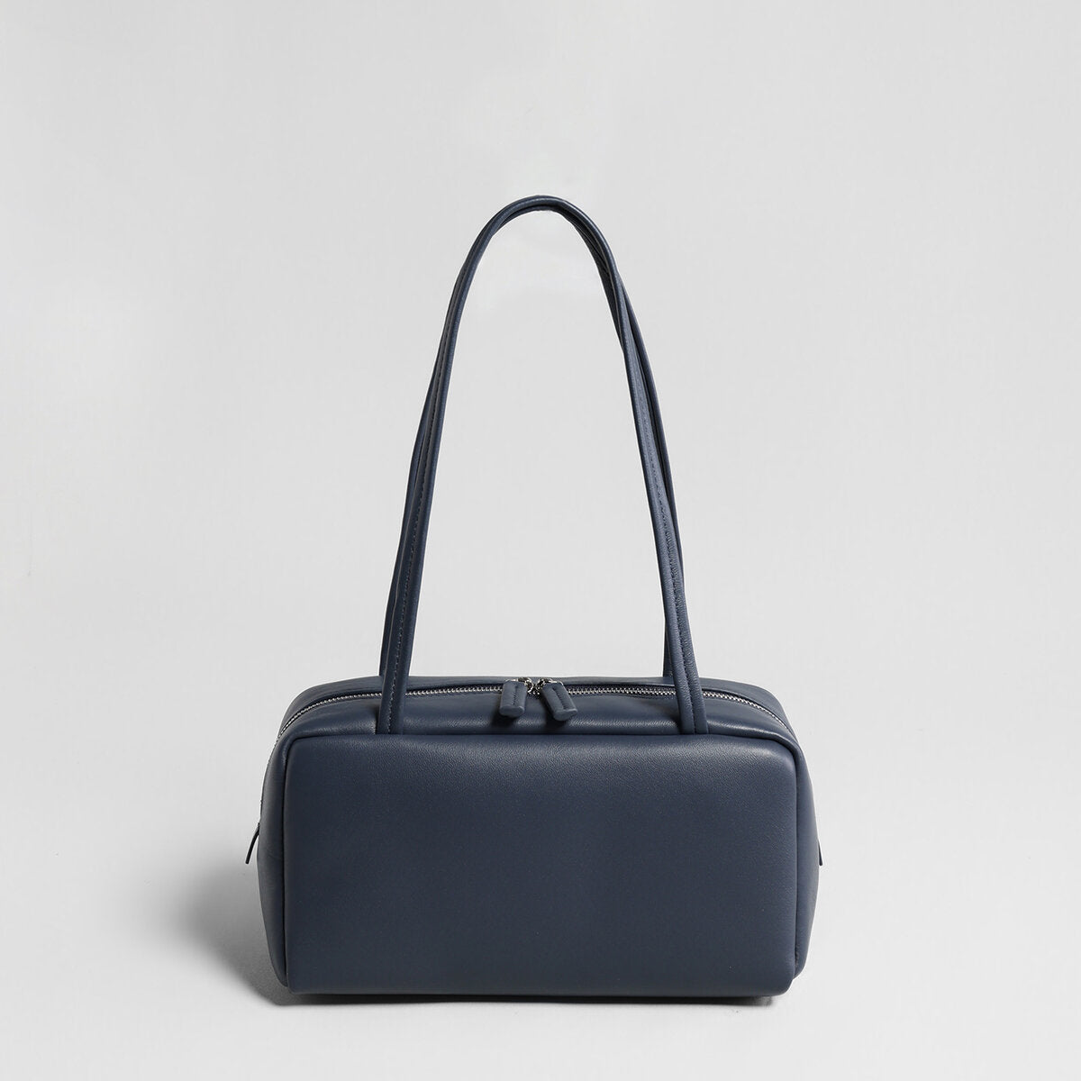 Soft Lambskin Leather Pillow Box Bag – Structured Dual-Zip Top Handle Bag with Double Handles