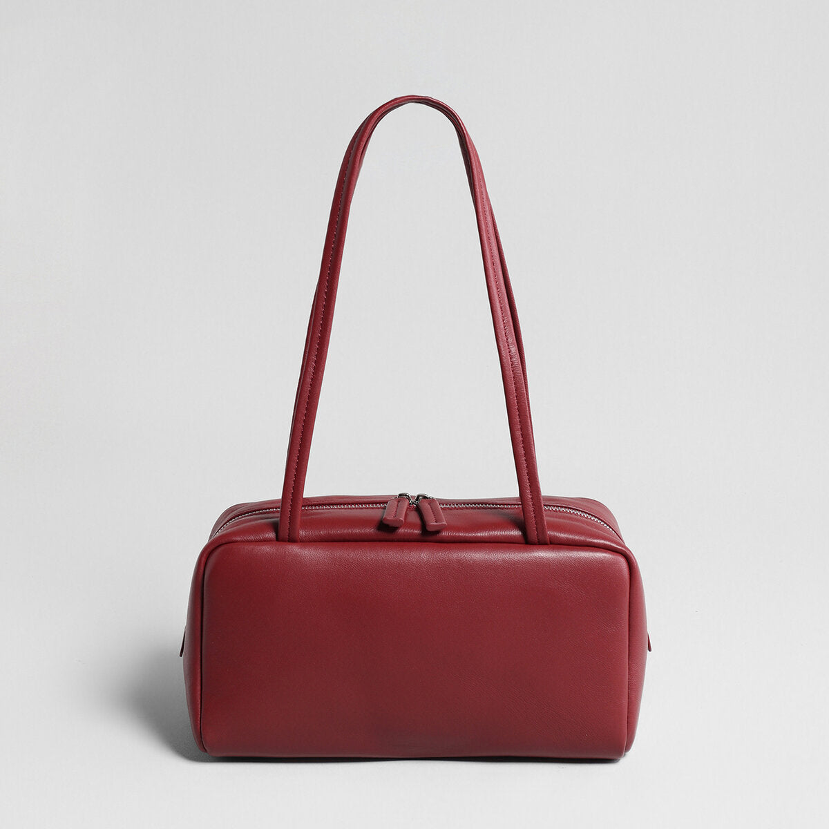 Soft Lambskin Leather Pillow Box Bag – Structured Dual-Zip Top Handle Bag with Double Handles