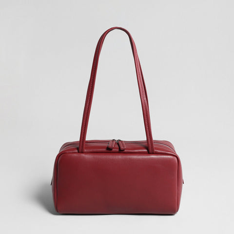 Soft Lambskin Leather Pillow Box Bag – Structured Dual-Zip Top Handle Bag with Double Handles