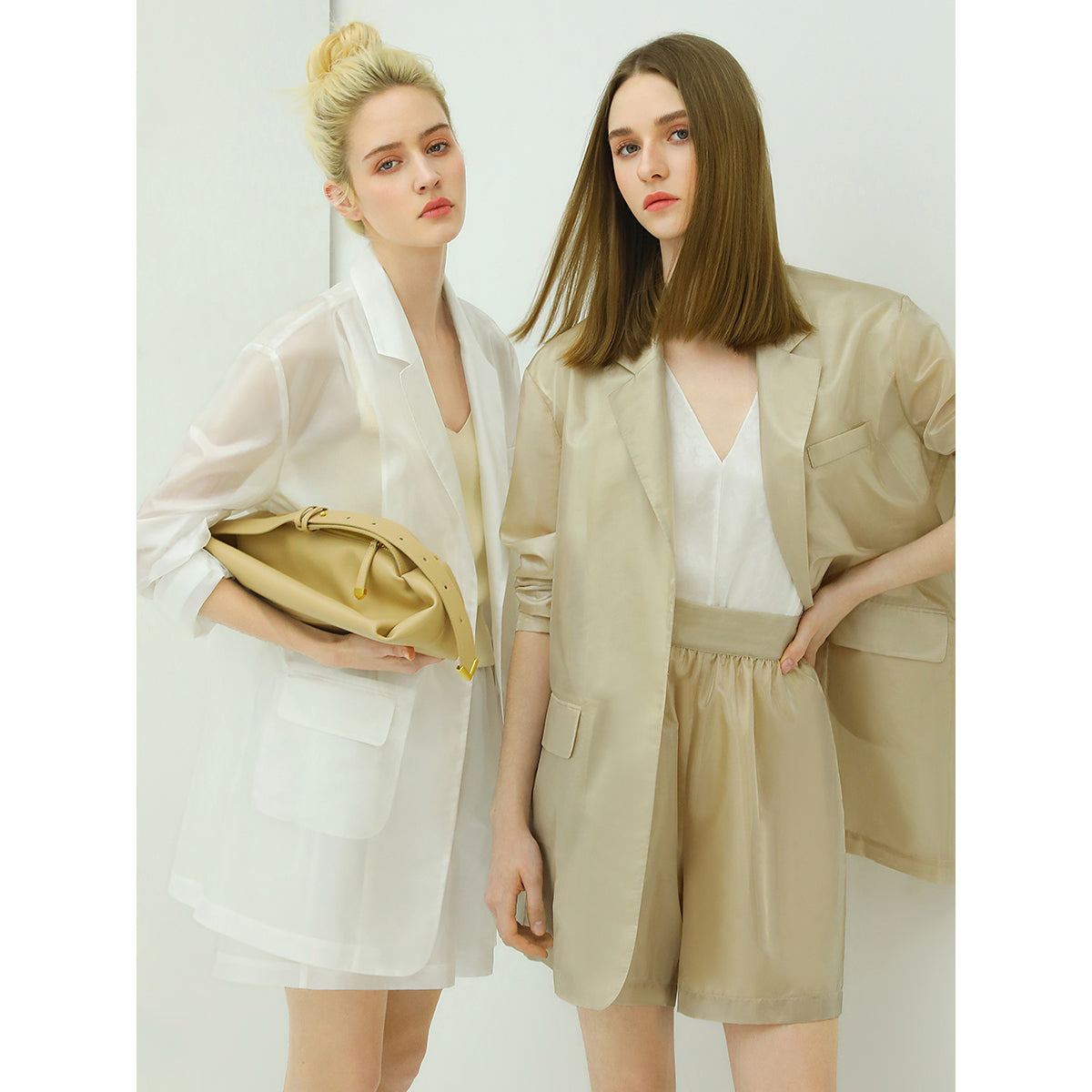 soft sheer single breasted long beige blazer all beige 2