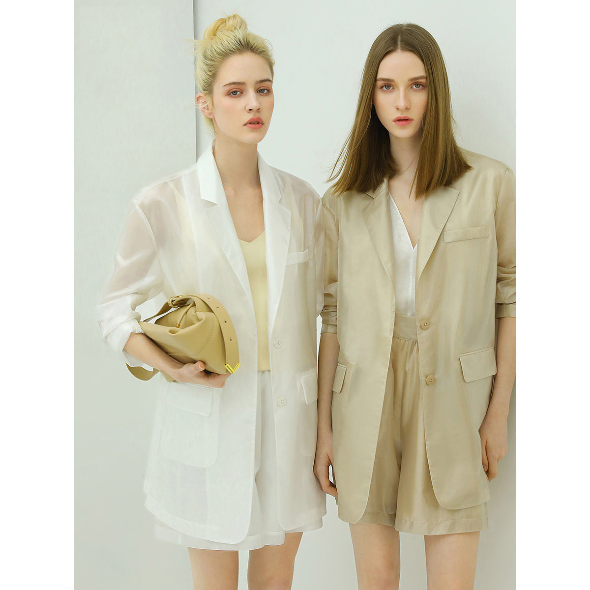 soft sheer single breasted long beige blazer all beige 3