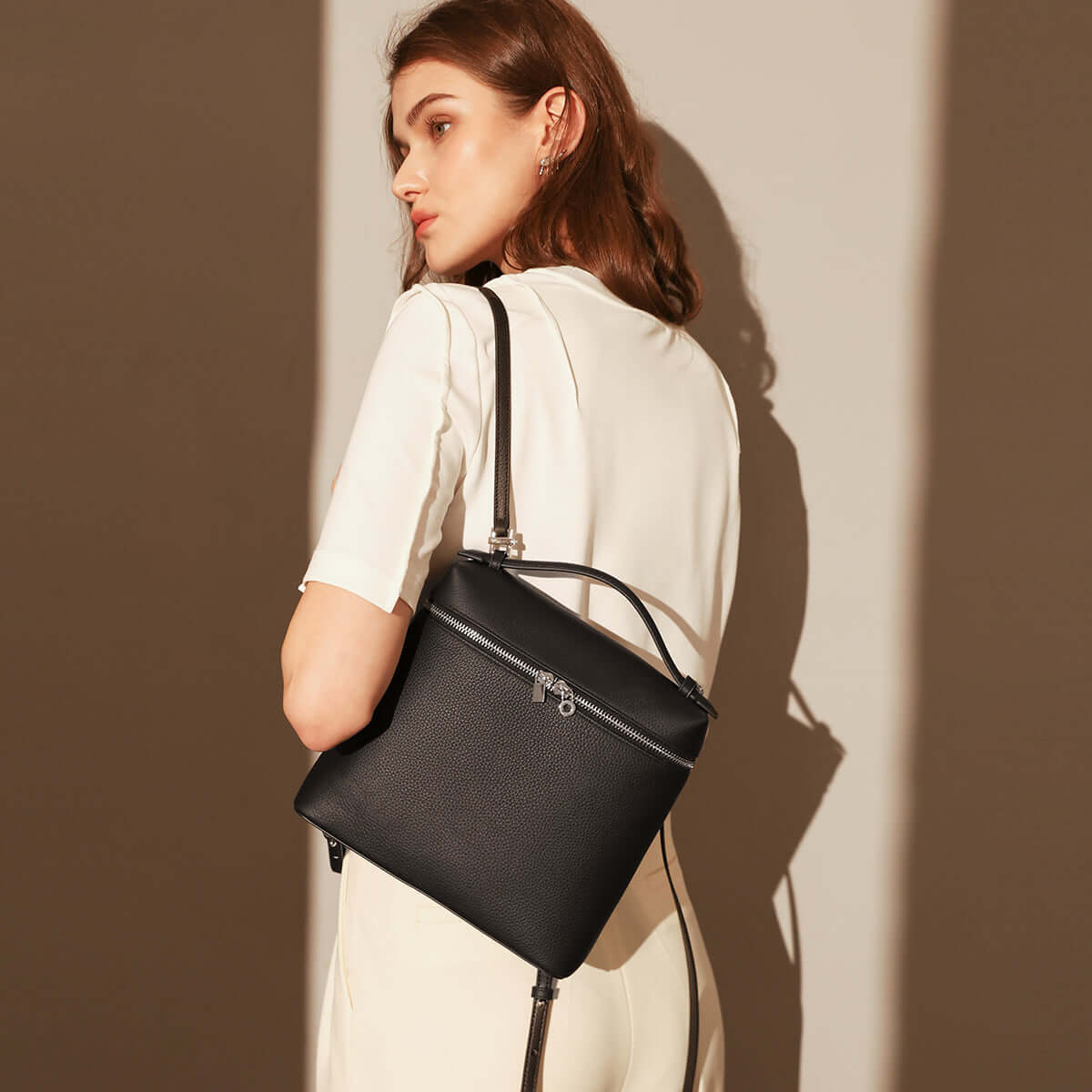 solid leather backpack with double zippers black 2