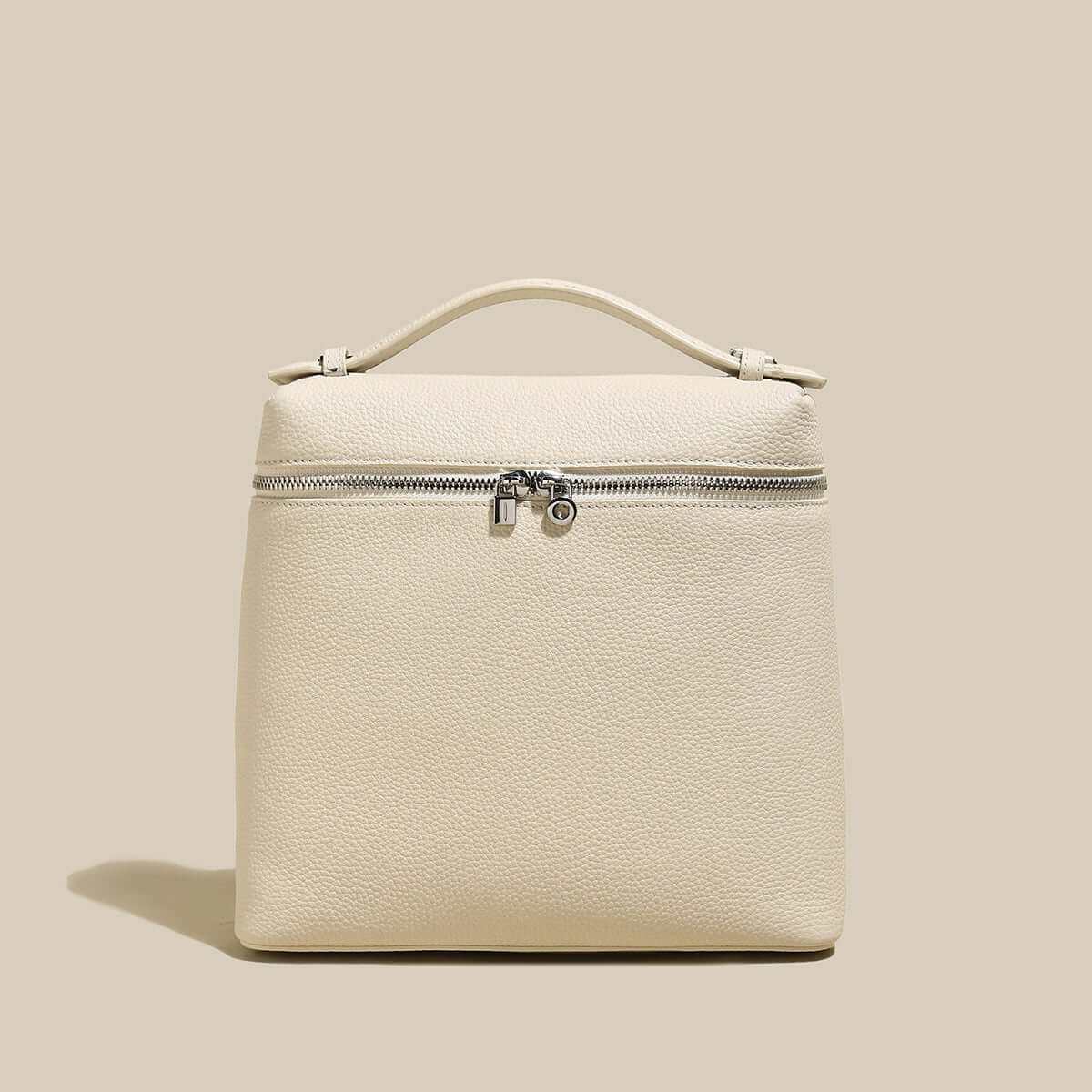 solid leather backpack with double zippers ivory 1