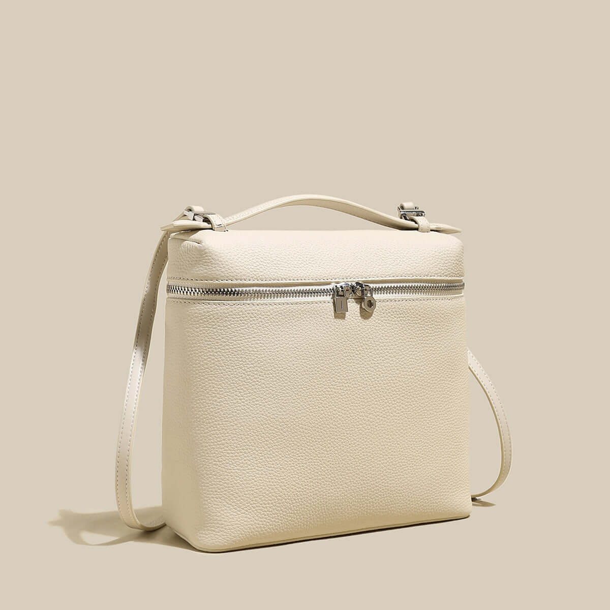 solid leather backpack with double zippers ivory 2